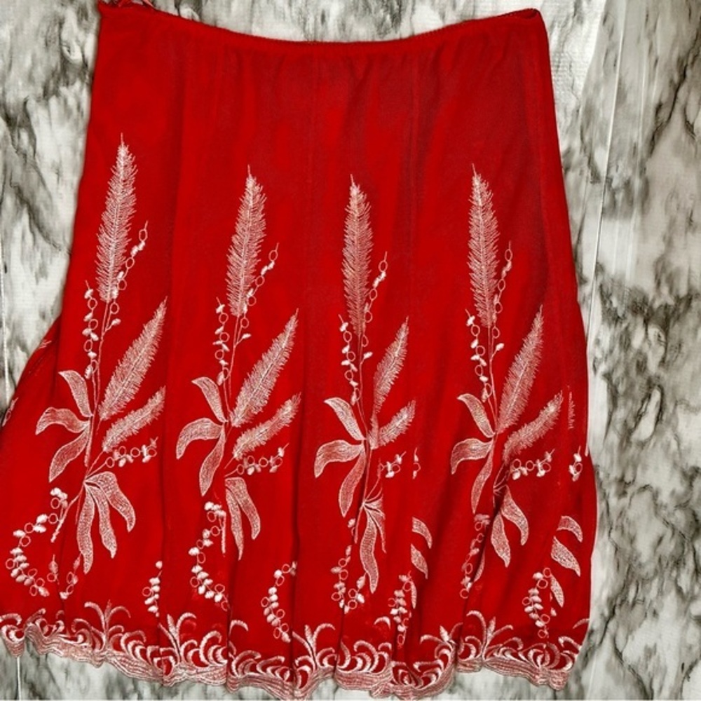 Elegant Coral Embroidered Midi Skirt Lacy Bohemian Chic Coastal Grandma Modest